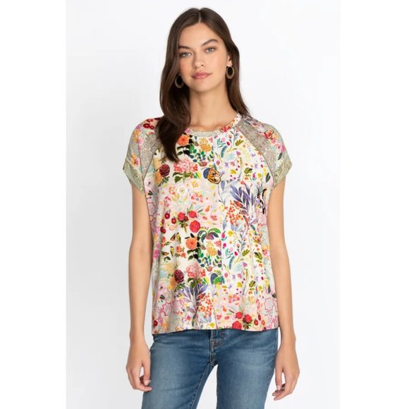 Johnny Was Short Sleeve Floral Flower Pink Filomena Beige Shirt Tee Top XXL New - Picture 2 of 5